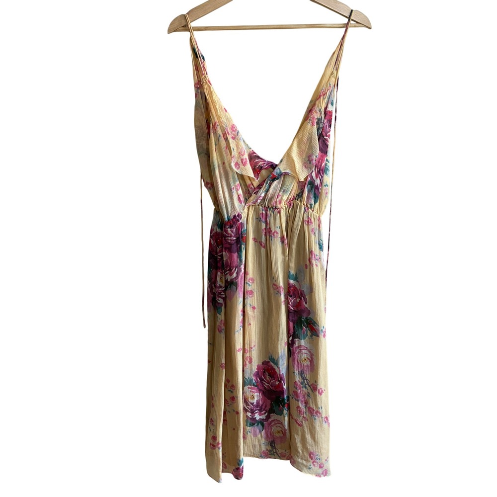 Anthropologie Meadow Rue Floral Silk Ruffle Midi Dress 4 Yellow V-Neck FLAW